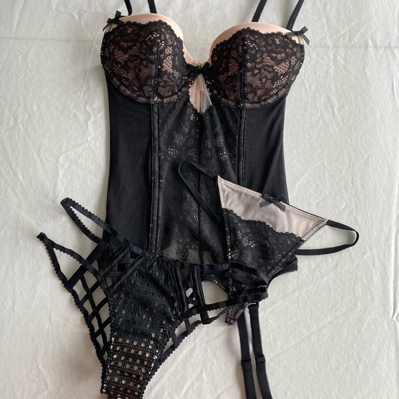 Victoria's Secret Other - VS Lace Bustier in Black/Nude Lace 32B, Lace Thong XS, Strappy Back Panty XS
